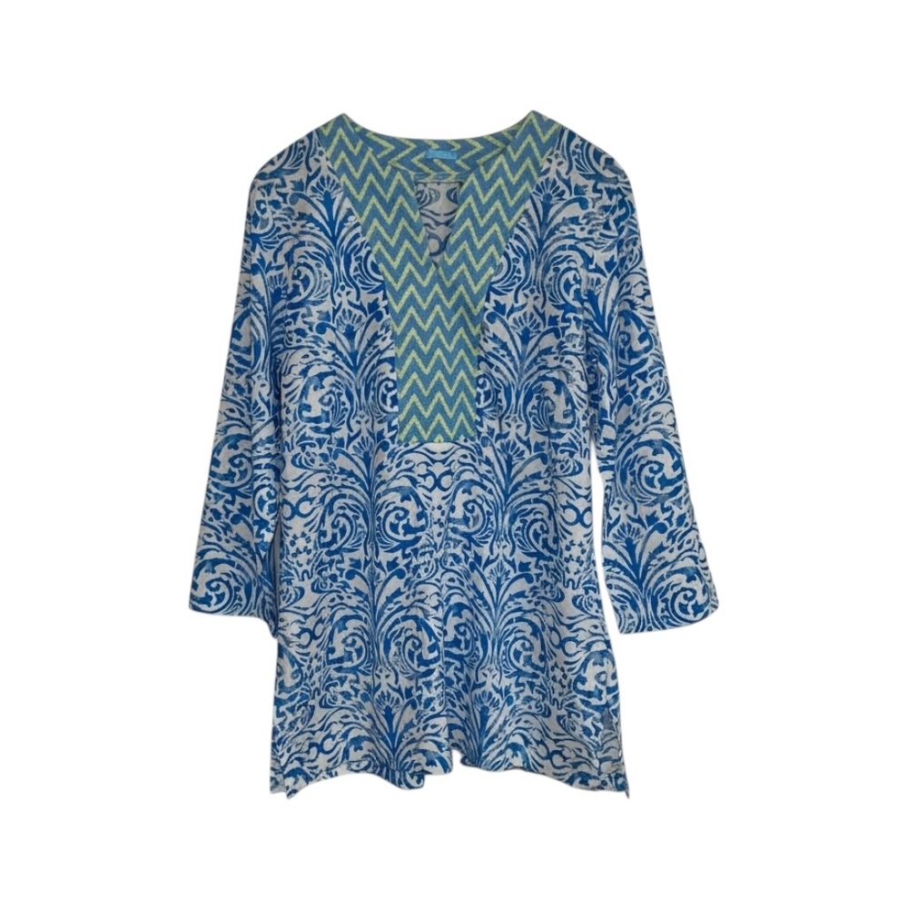J. McLaughlin Swim Coverup Tunic Women's Size Large Blue White Dress Resortwear